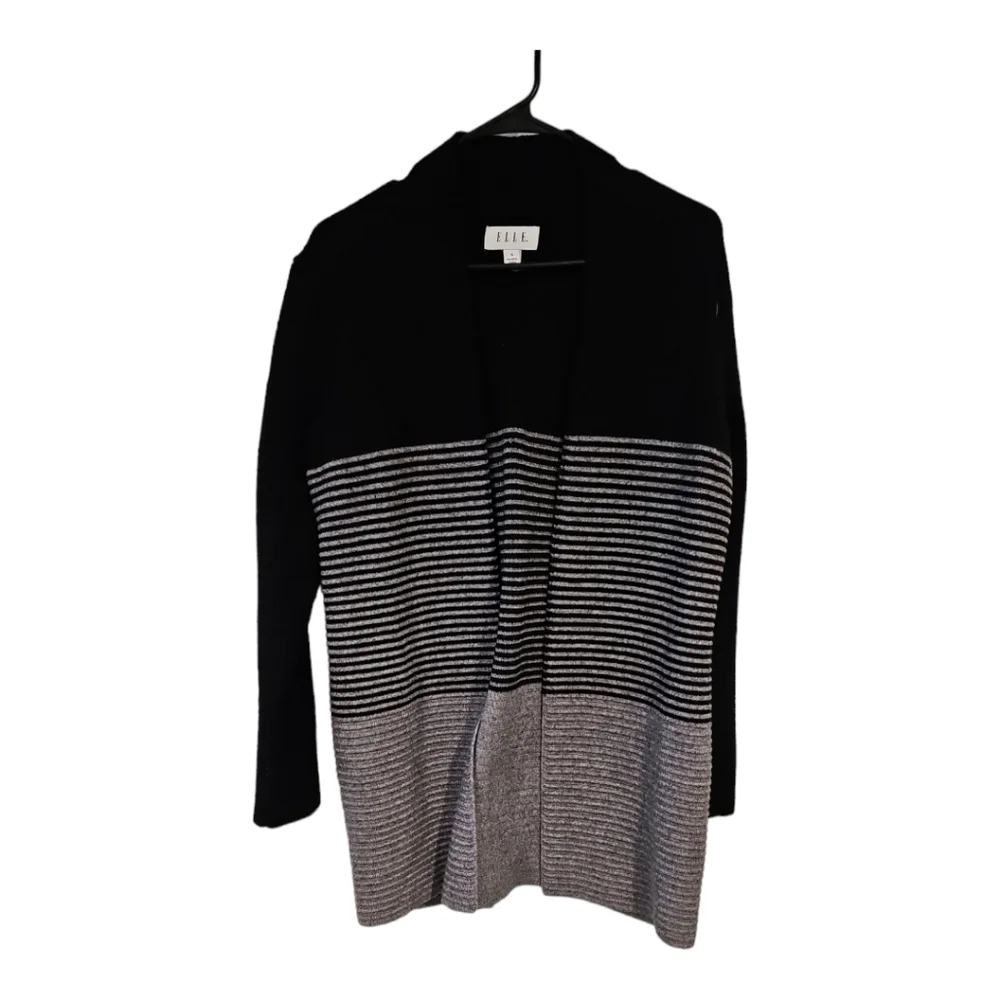 ELLE Black & Gray Open Front Long Color block Cardigan Sweater sz S - Picture 3 of 12